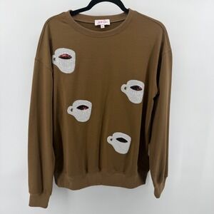 Jess‎ Lea Women's Small Top Sweatshirt Brown Sequin Coffee Cup Theme Cozy Soft